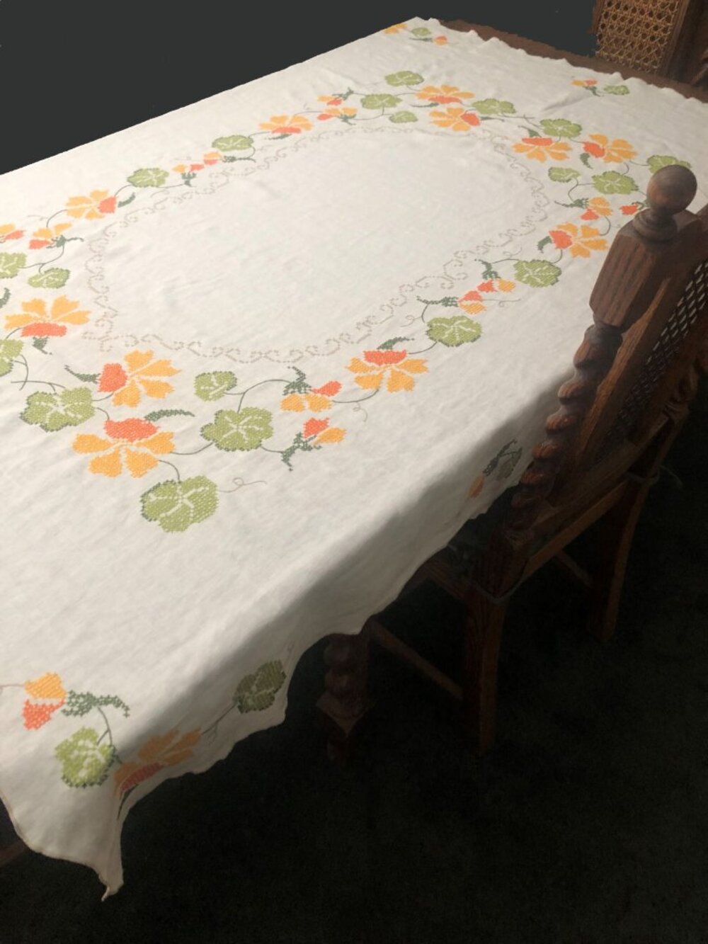 Vintage Linen Tablecloth White Hand Embroidered Green Orange Floral 47 x 61